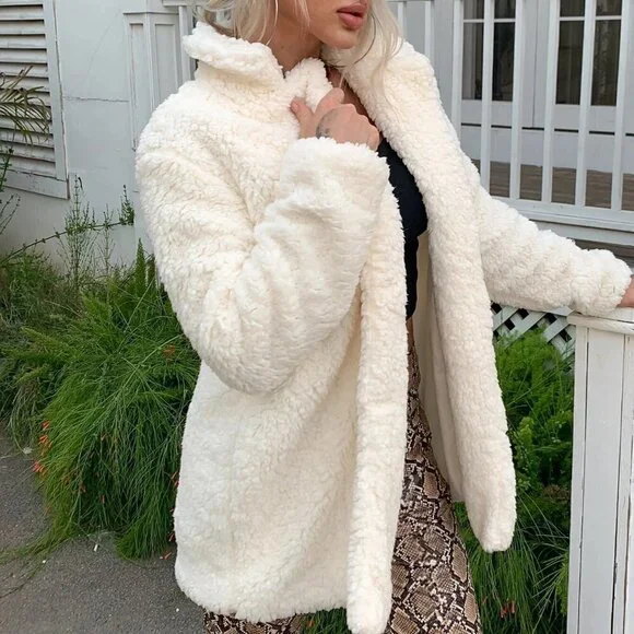 Beige Preppy Womens Double Button Teddy Coat - Picture 4 of 5